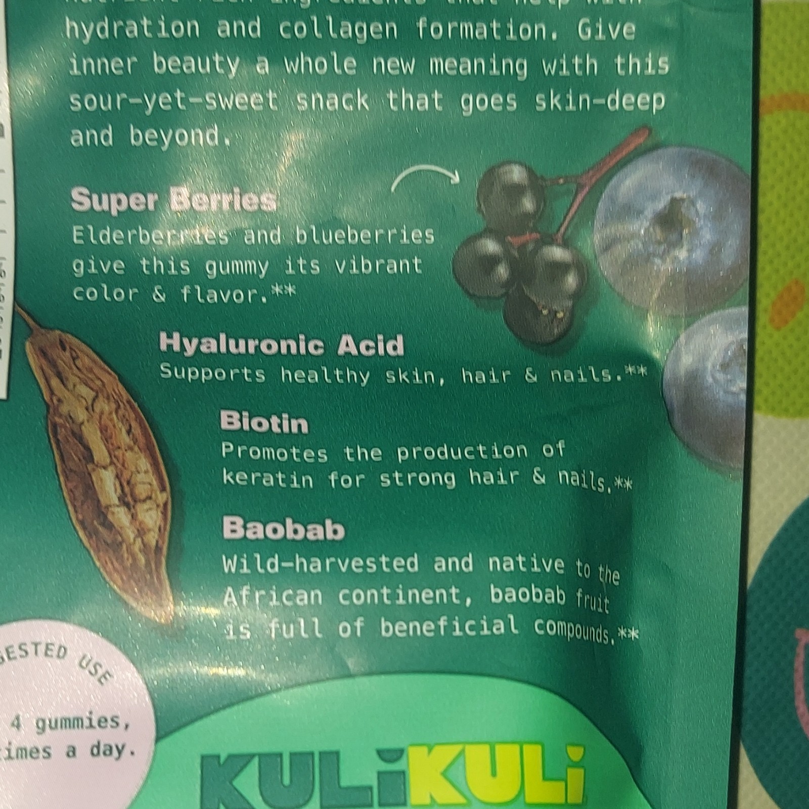 Kuli Kuli Hyaluronic Acid Biotin Baobab Gummies 60ct Sour Berry Plant-Based
