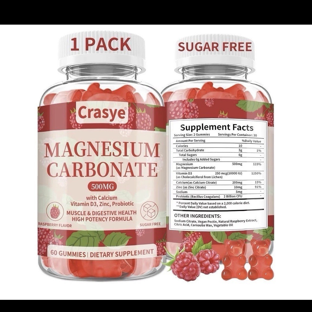 Crasye Magnesium Carbonate Gummies 500mg Sugar Free Raspberry 60ct.