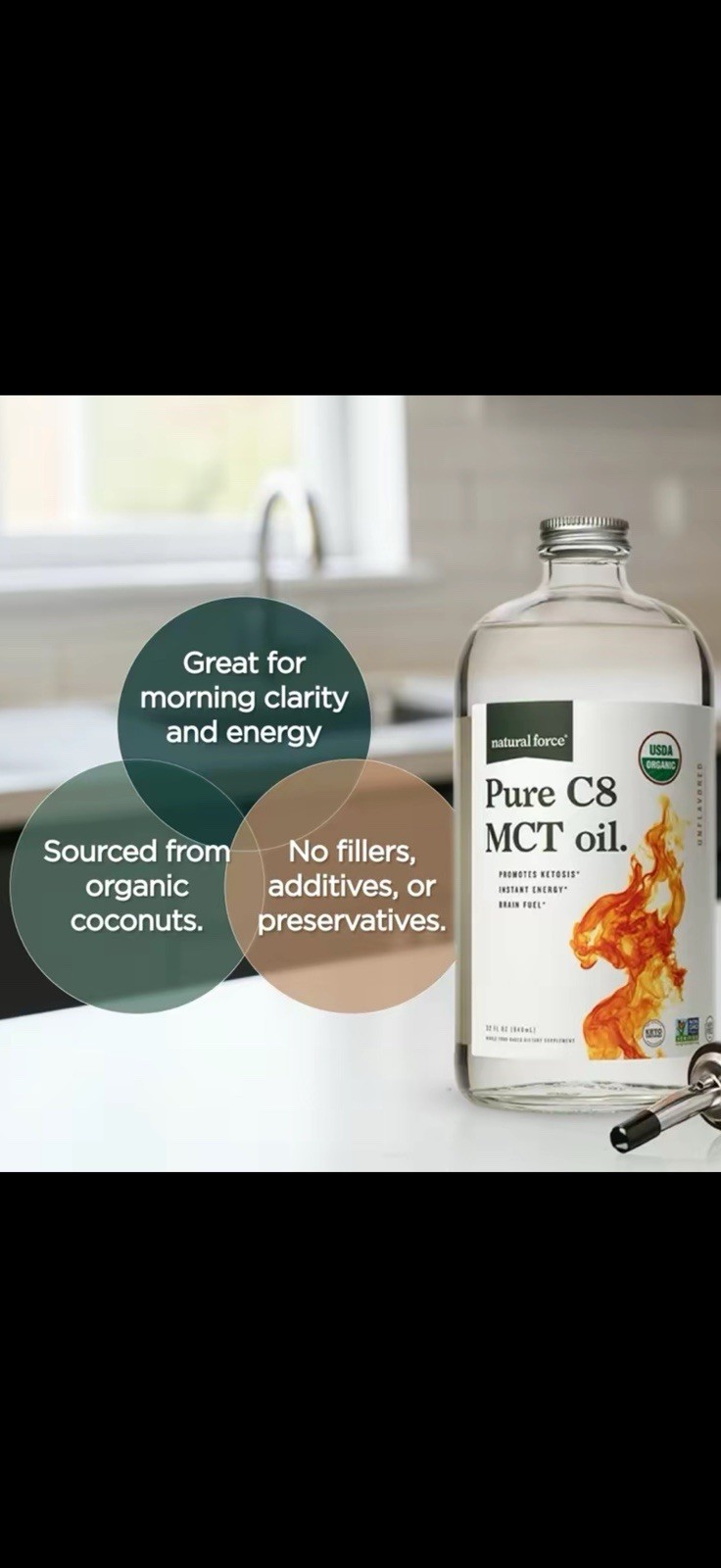 Natural Force Pure C8 MCT Oil USDA Organic Non-GMO Keto Unflavored 16 fl oz