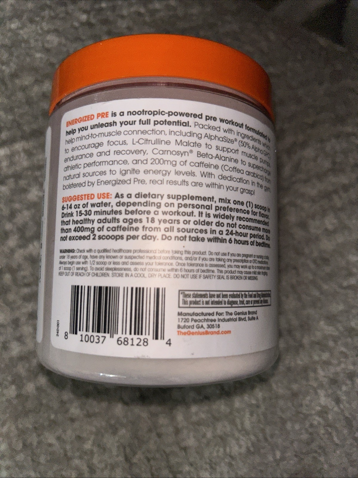 Genius Energized Pre Workout Powder 12.83 oz ~SOUR PEACH RING~ 🍑