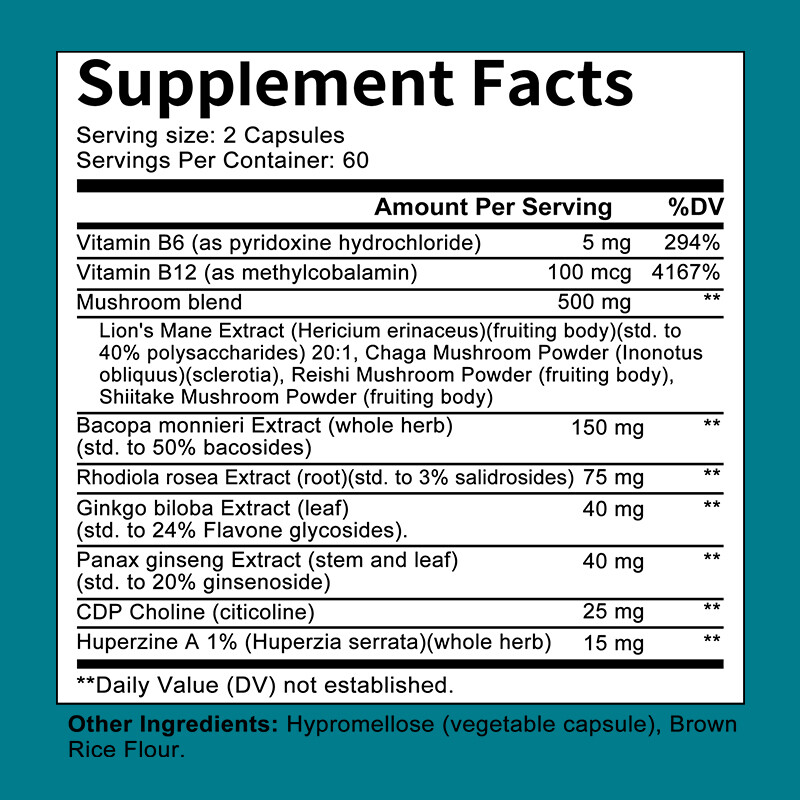 Nootropics Brain Support Supplement, Lions Mane, Shiitake, Reishi & Chaga