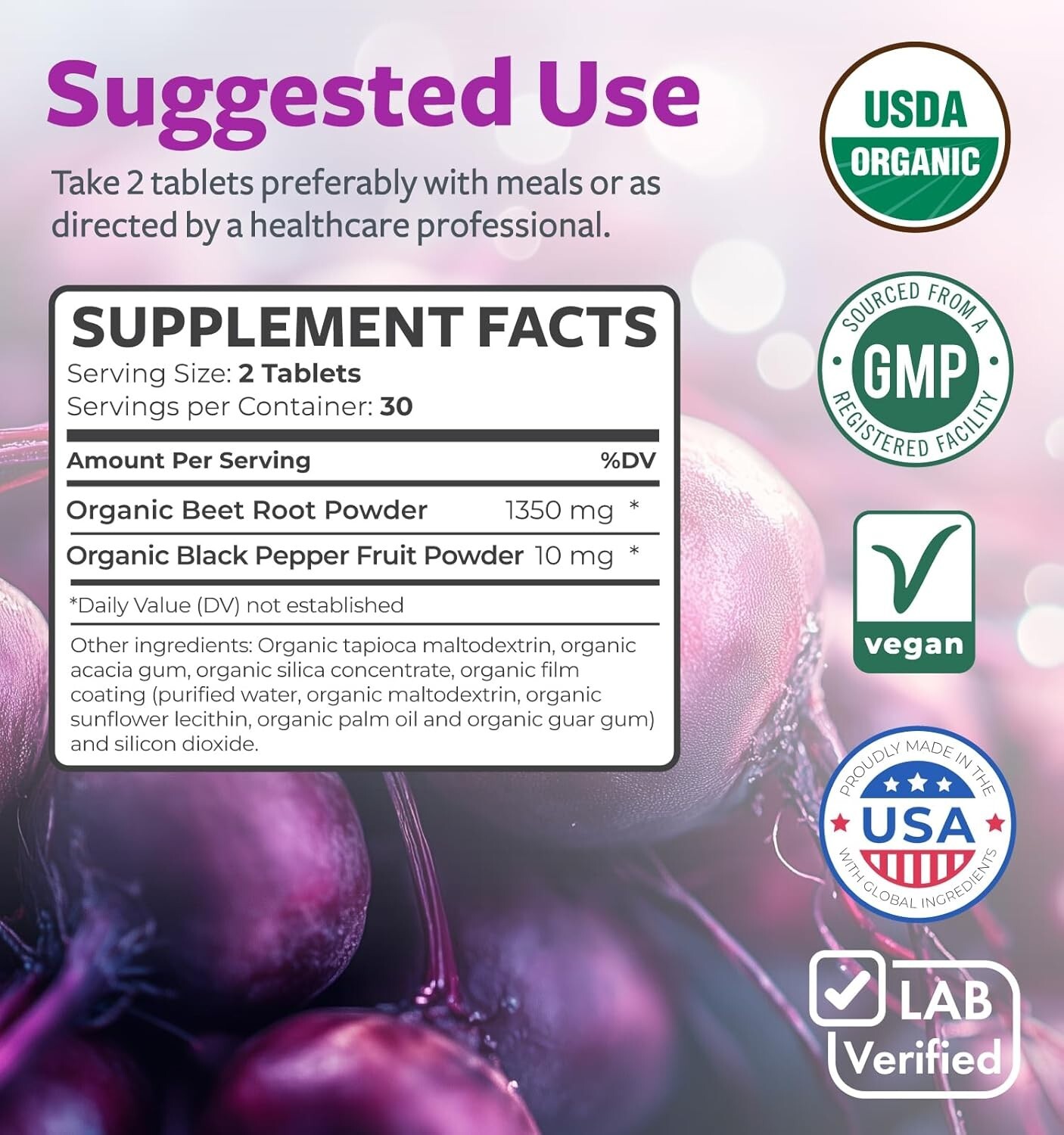 USDA Organic Beet Root Powder 1350mg Beets Per Serving, Black Pepper, 60 ct