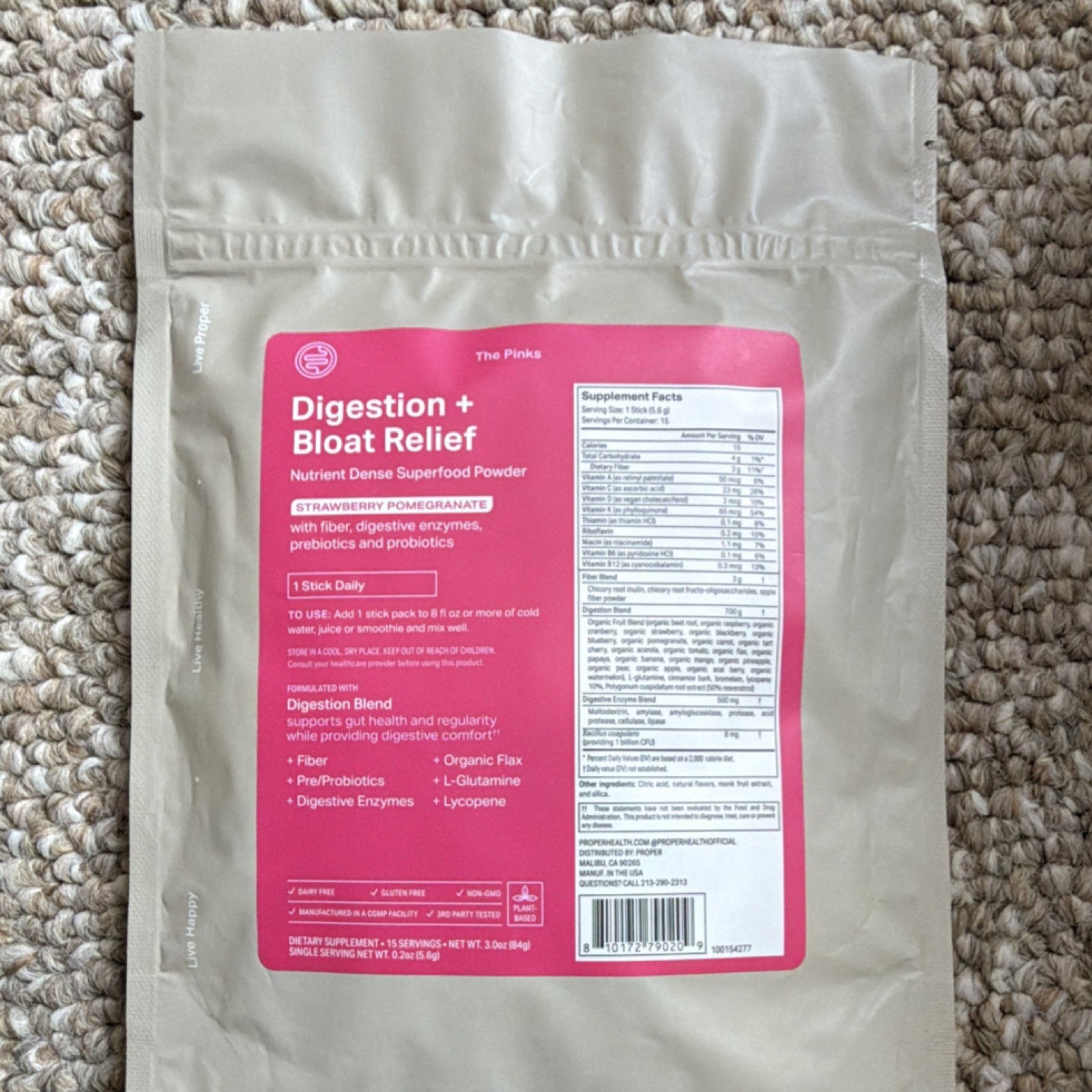 Proper Superfood Powder Strawberry Pomegranate Digestive Support 15ct