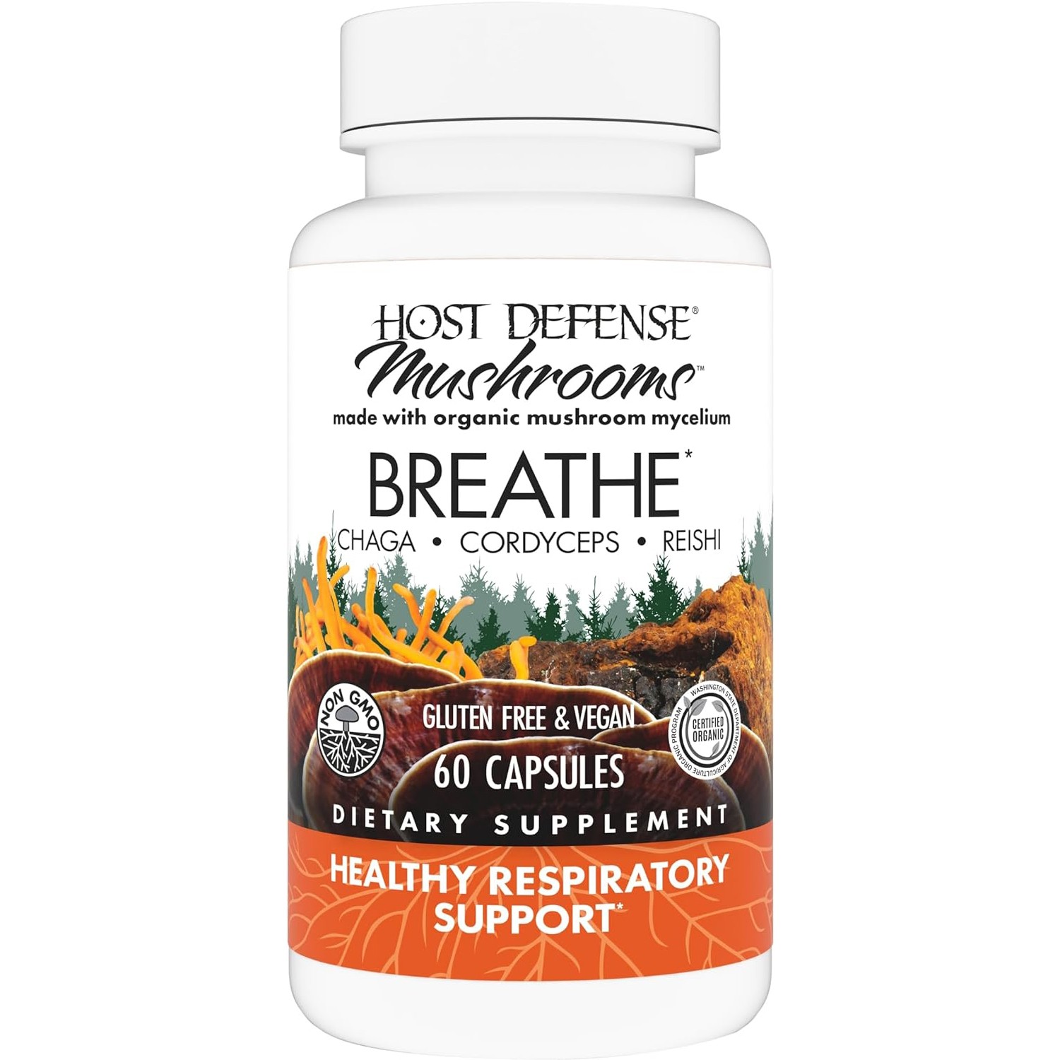 Host Defense Breathe,Herbal Lung Health w/Chaga,Reishi&Cordyceps,60VegCaps