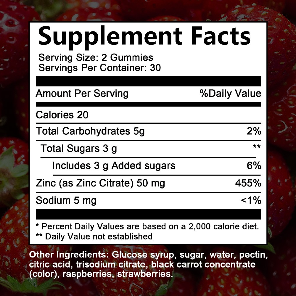 Zinc Gummies 50mg – Immune Support, Strawberry & Raspberry Flavor