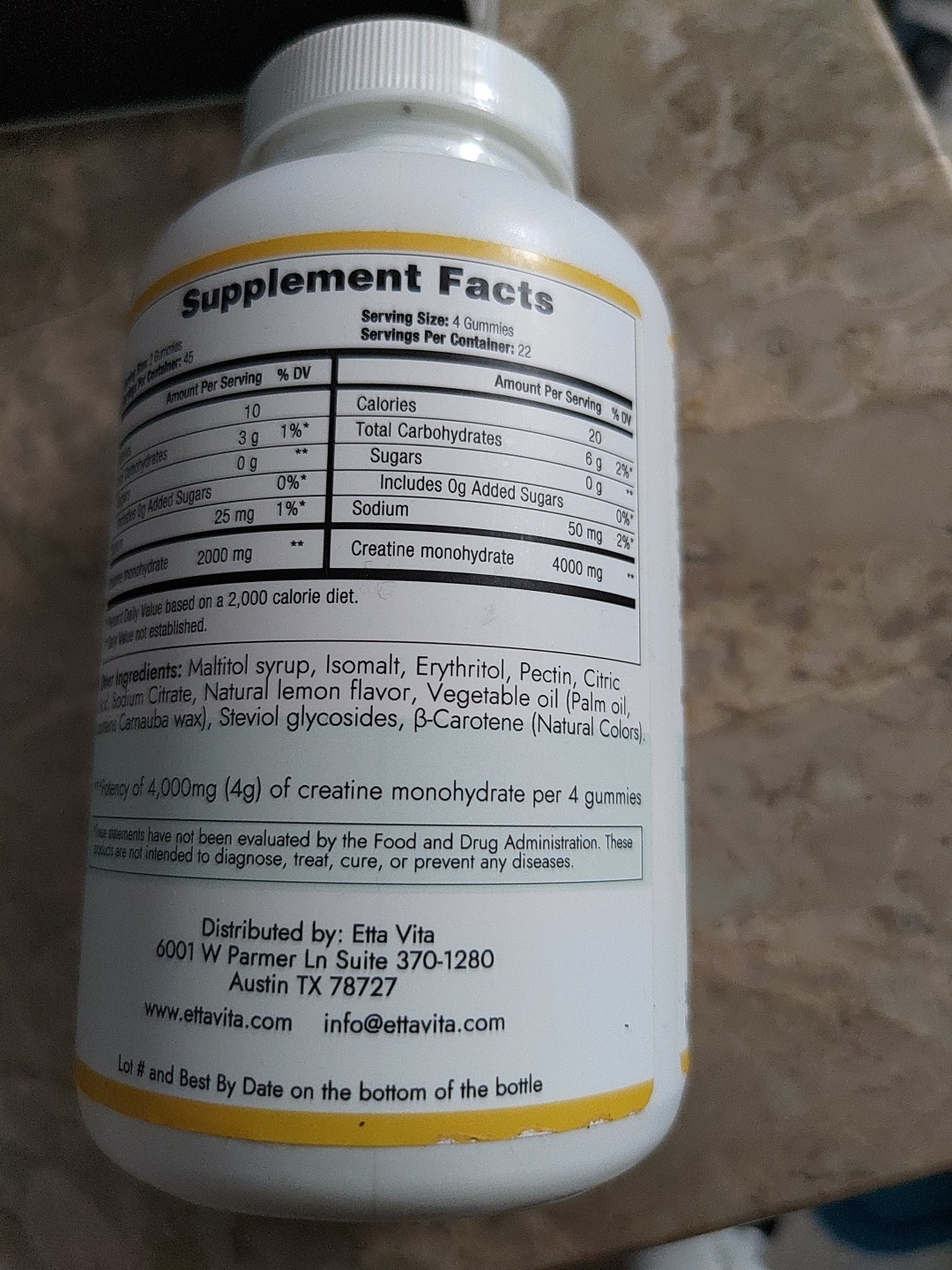 Etta Vita Sugar Free Creatine Monohydrate Gummies 90 Count Lemon EXP 3/26