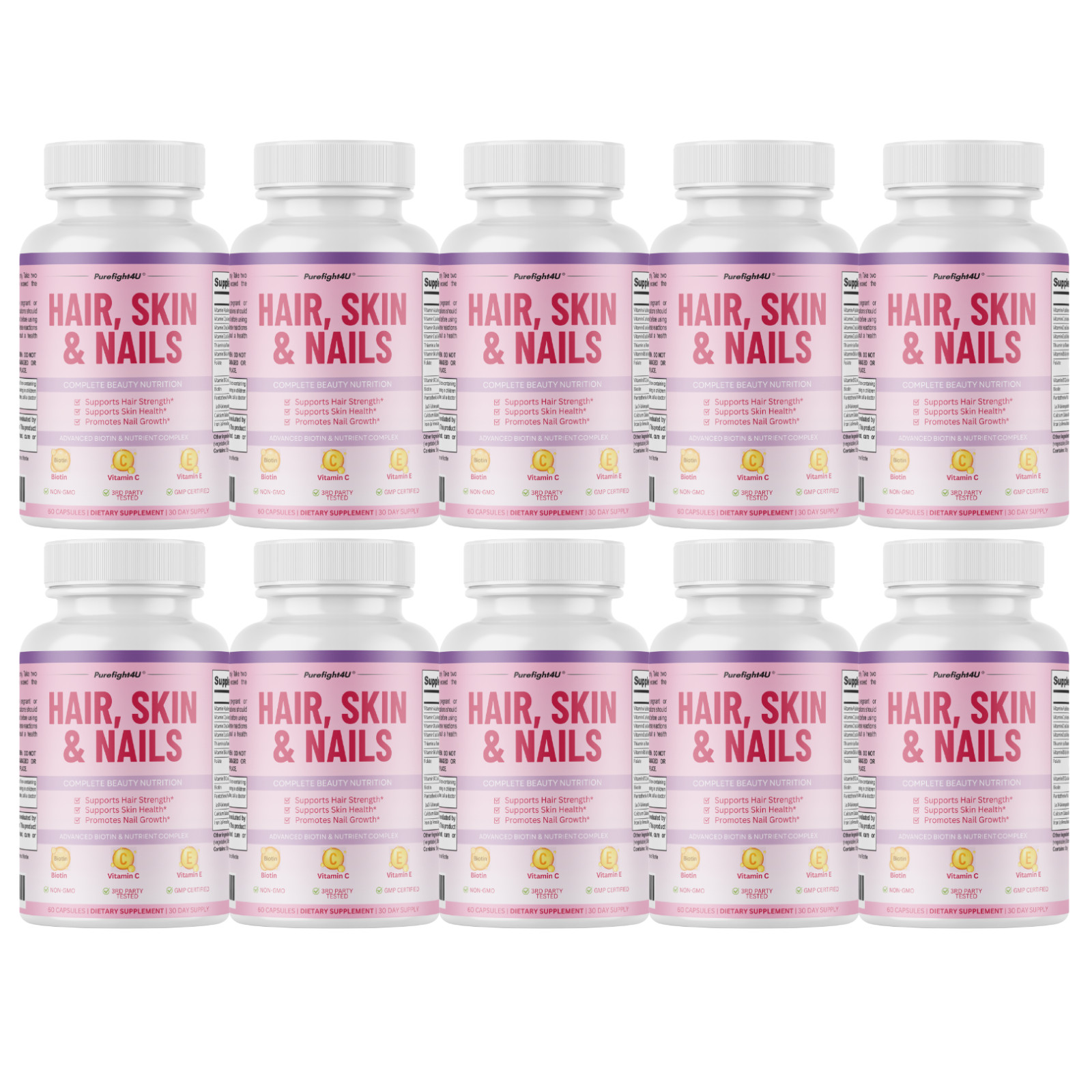 Purefight4u Hair, Skin & Nails Supports Healthy Hair Growth wBiotin – 10 Bottles