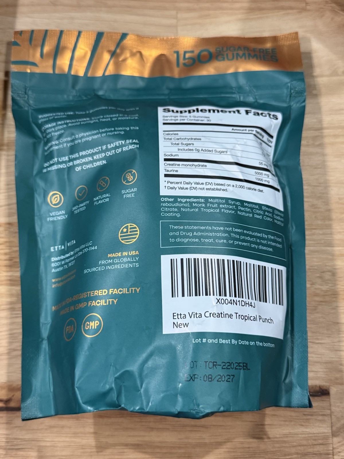 Etta Vita Sugar Free Creatine Taurine Pro Endurance 150 Gummies 8/2027