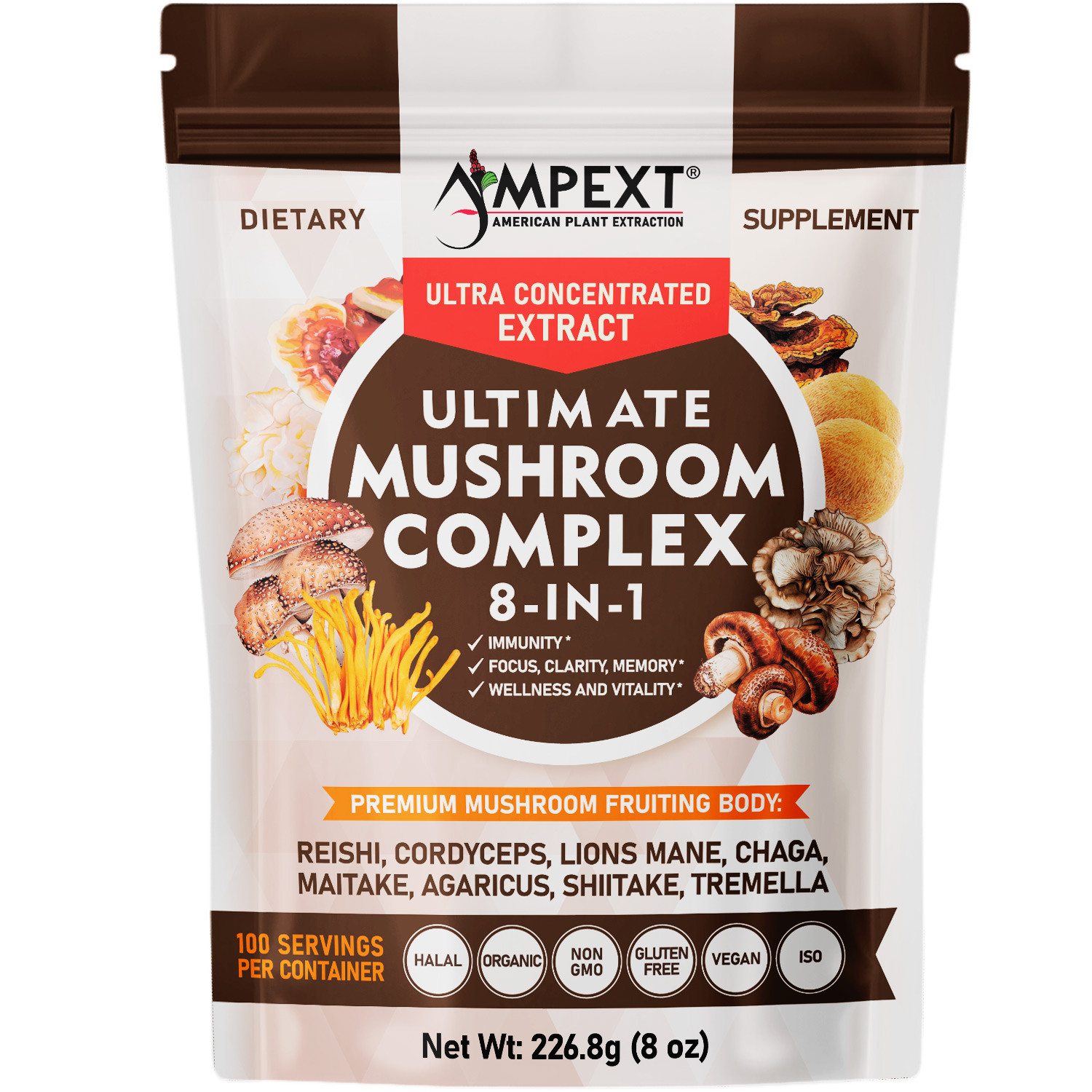 8-IN-1 Ultimate Mushroom Complex – Only Fruiting Bodies, 8 oz