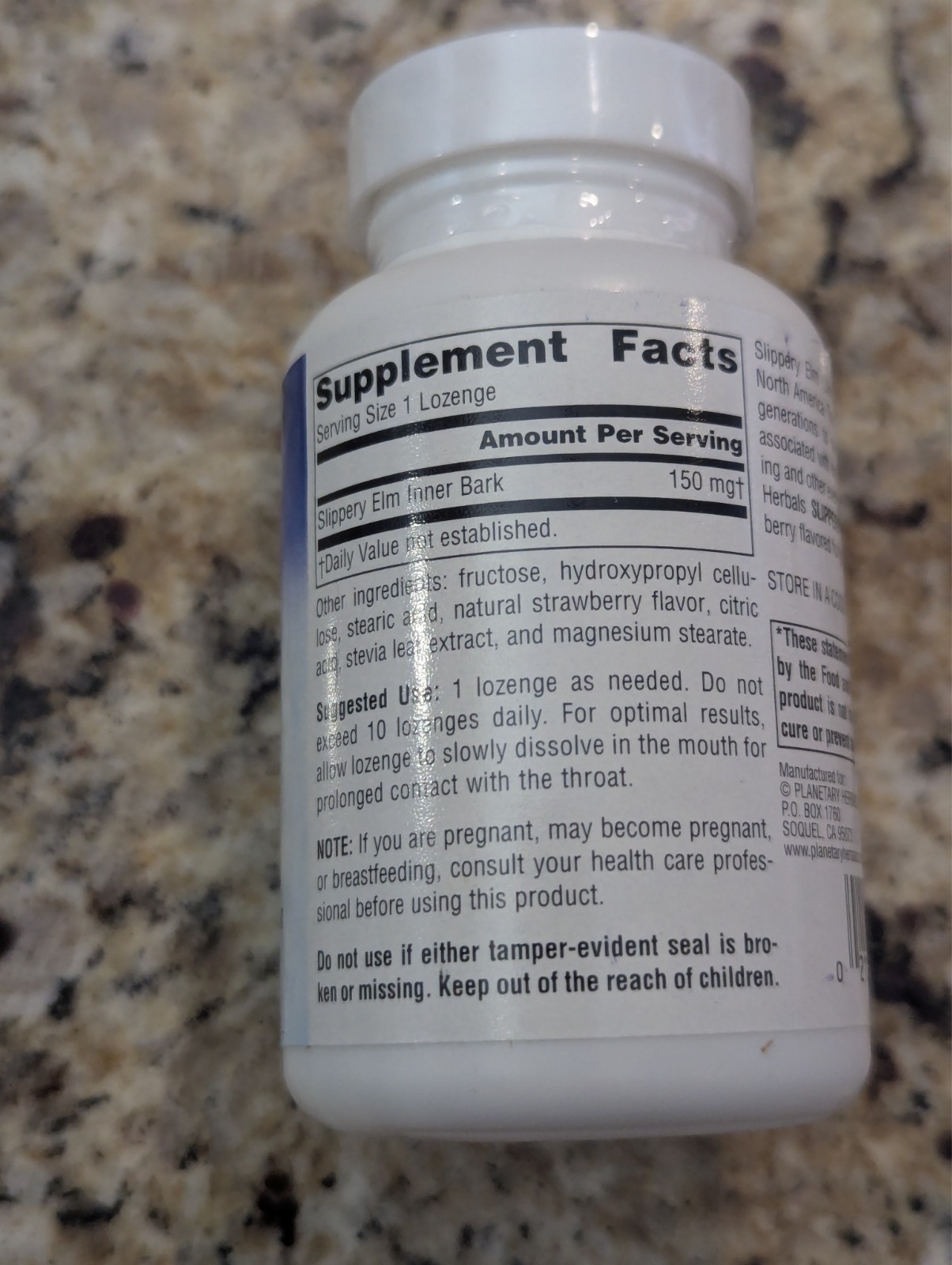 Planetary Herbals Slippery Elm Lozenges Strawberry 100 count exp: 12/2028
