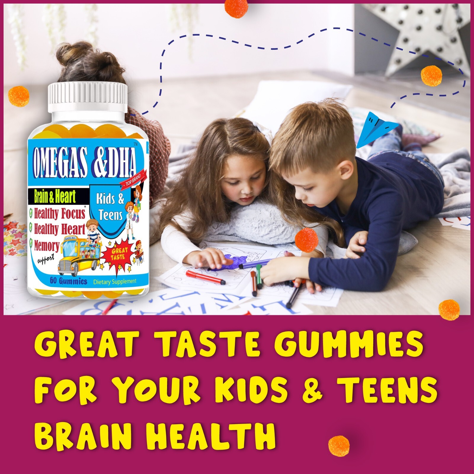 Kids Brain Supplements, Nootropic for Memory, Focus and Concentration, Omega 3