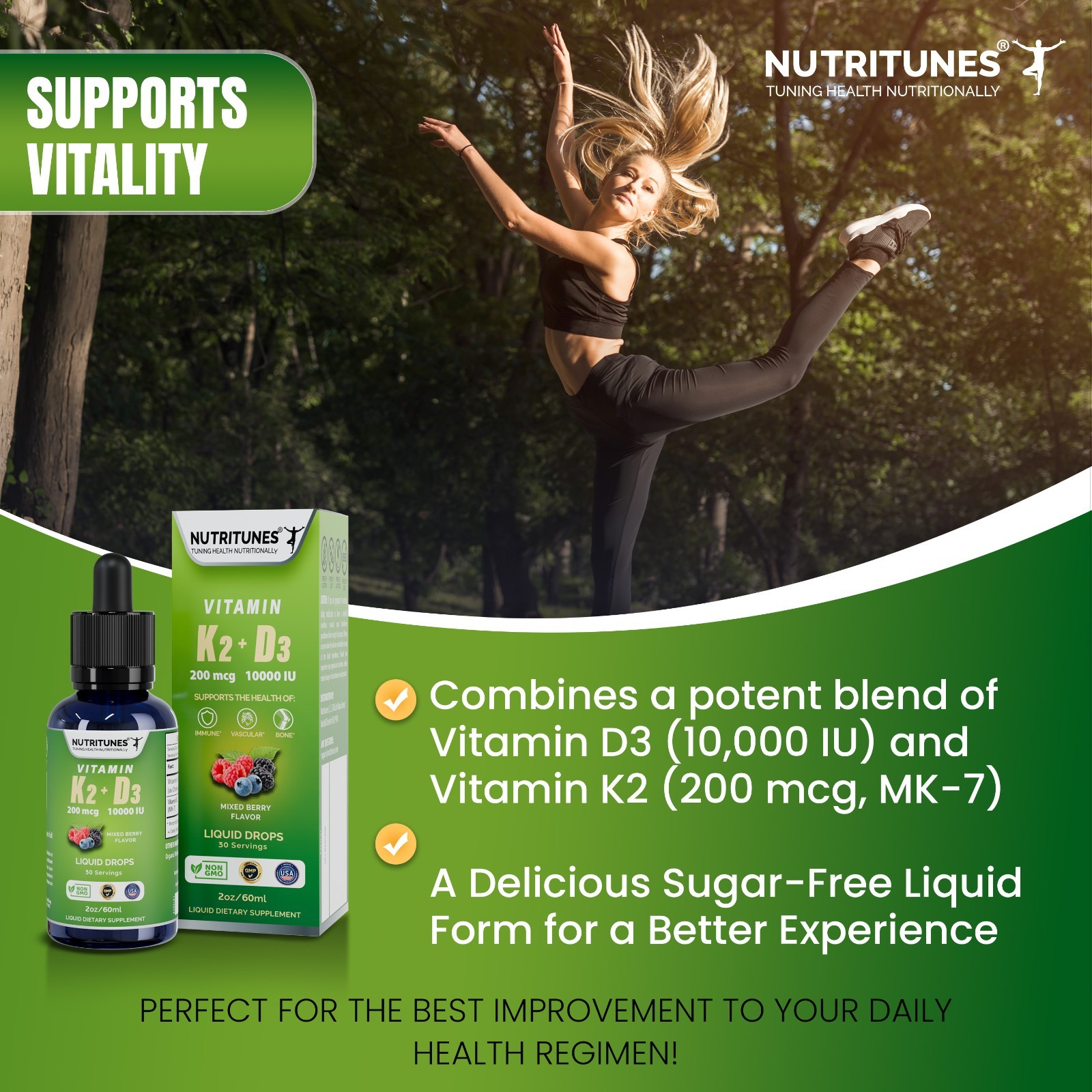 Vitamin D3 K2 Liquid Drops 10000 IU D3 & 200 mcg K2 – Mixed Berry – 30 Servings