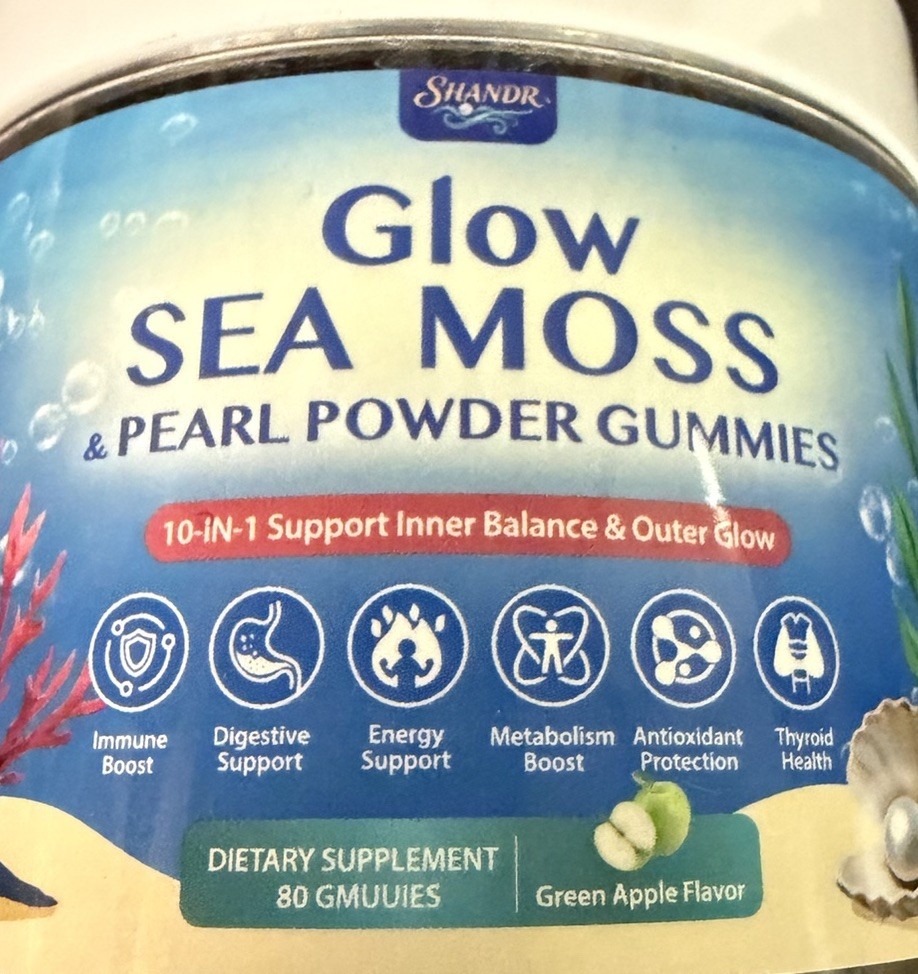 Shandr Superfoods Glow Sea Moss Pearl Powder 80 Gummies Green Apple Exp: 11/2027