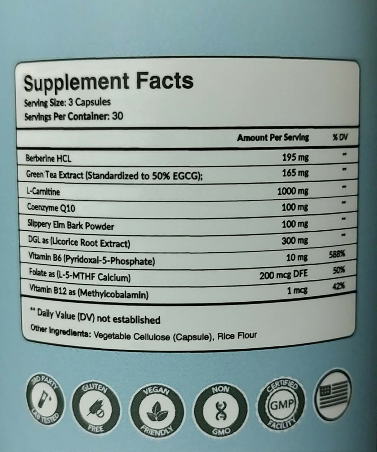 Berberine HCL Green Tea Vitamin B Complex Folate Intimate Rose Capsules