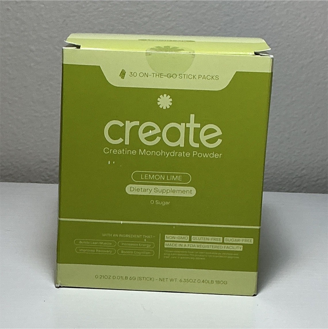 Create Creatine Monohydrate Powder Lemon Lime 30 Stick Packs Non-GMO Gluten-Free