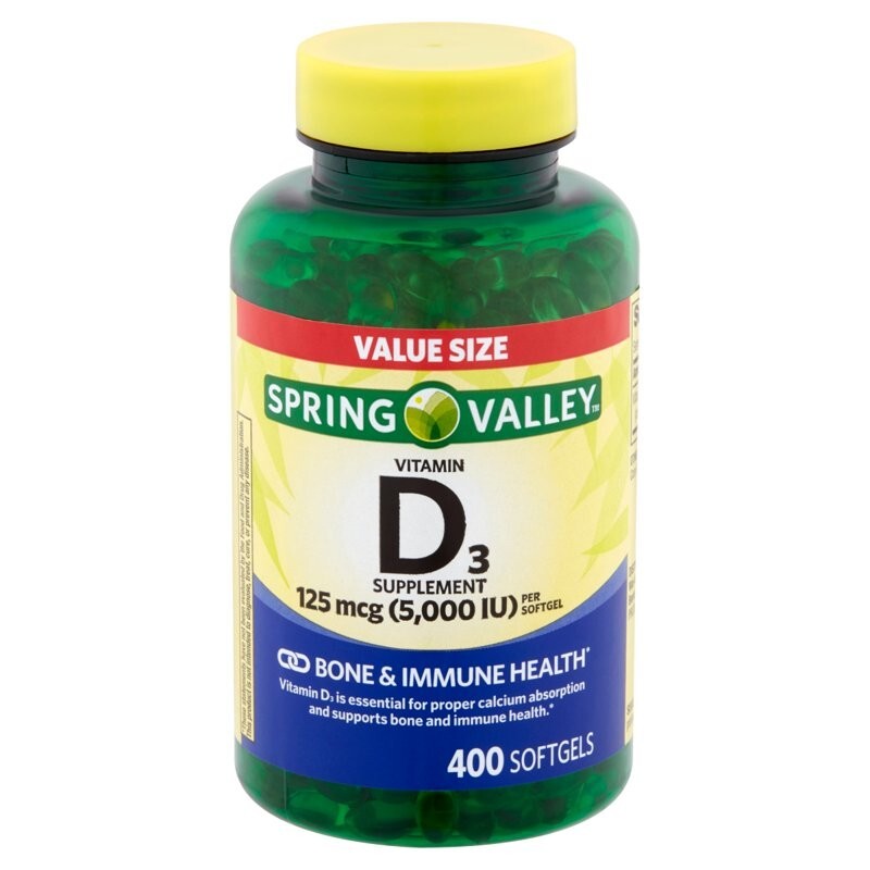 Spring Valley Vitamin D3 Softgels, 125 mcg per Softgel, 5,000 IU, 400 Count