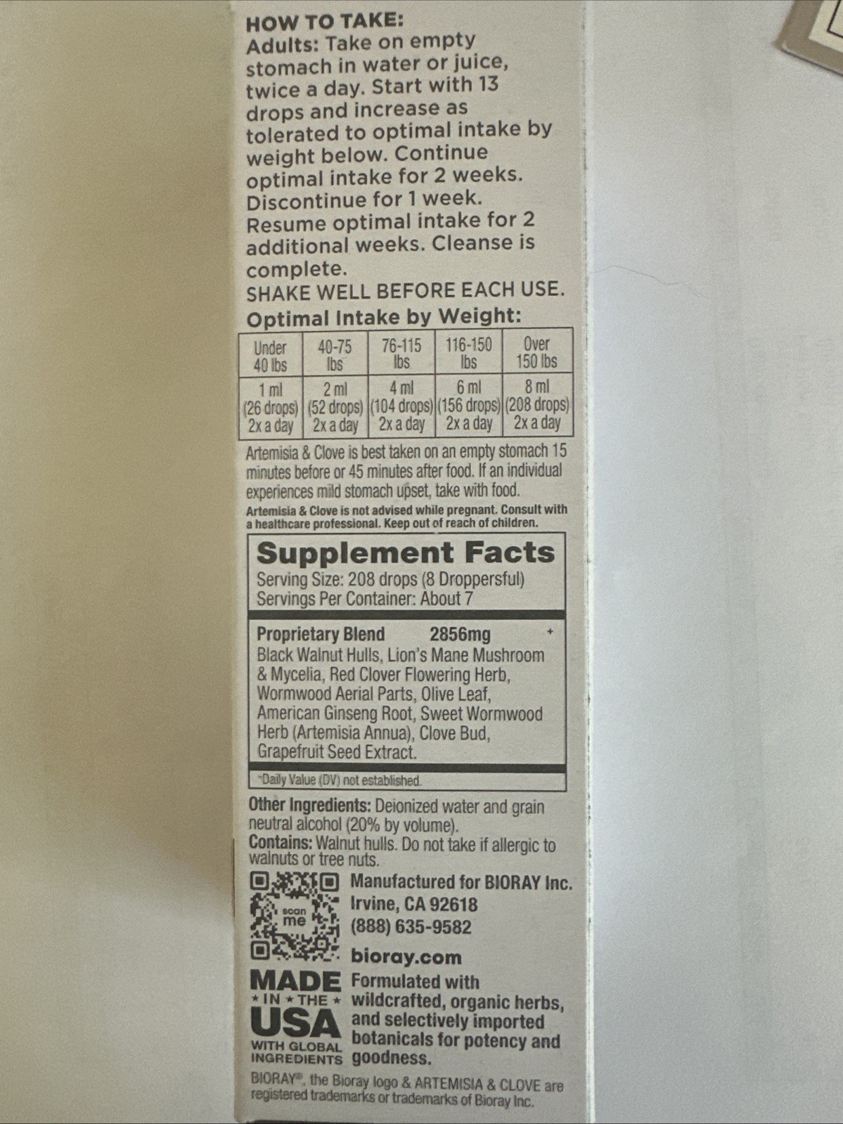 Bioray Inc Artemisia Clove 2 fl oz 59 ml GMP Quality Assured, NSF Certified