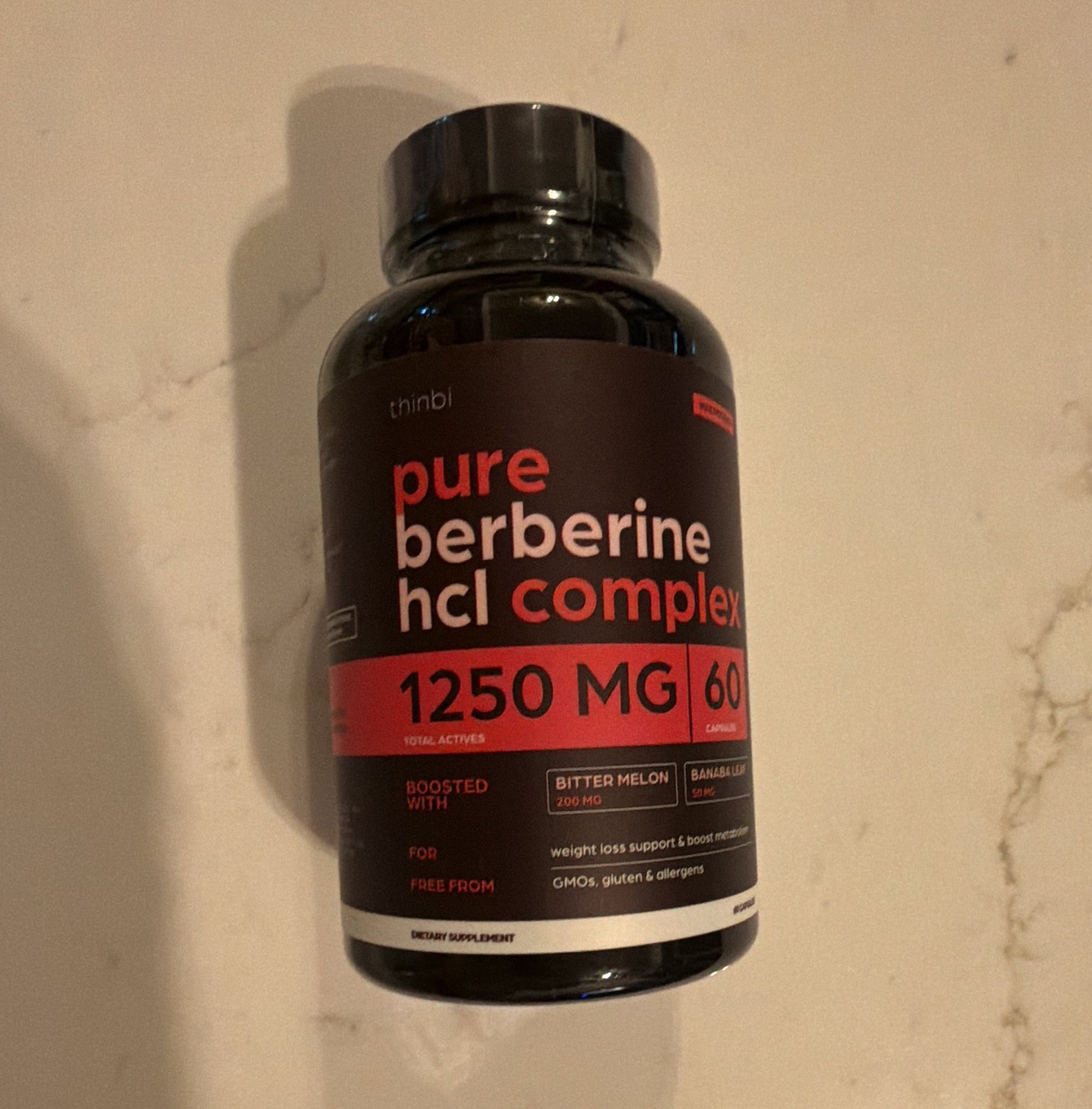 thinbi Pure Berberine HCl 1250mg + Bitter Melon & Banaba, 60 Veg Capsules