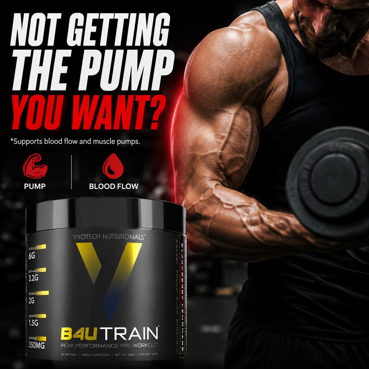 Pre-Workout Muscle Pumps Focus Recovery Energy Endurance B4UTRAIN by Vyotech