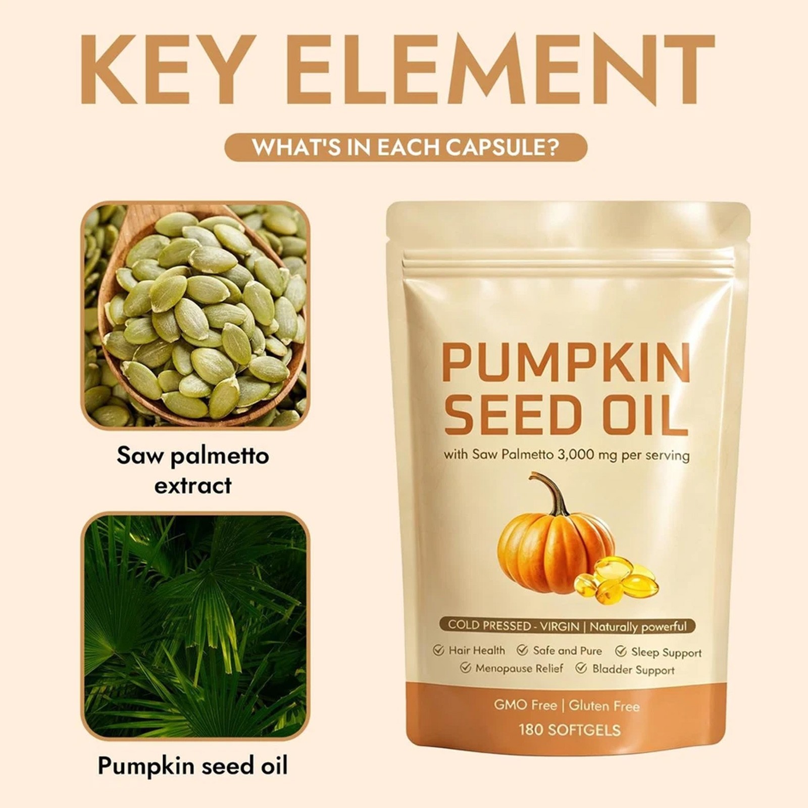 Pumpkin Seed Oil 3000mg Softgels Cold Pressed Virgin Saw Palmetto 180Count