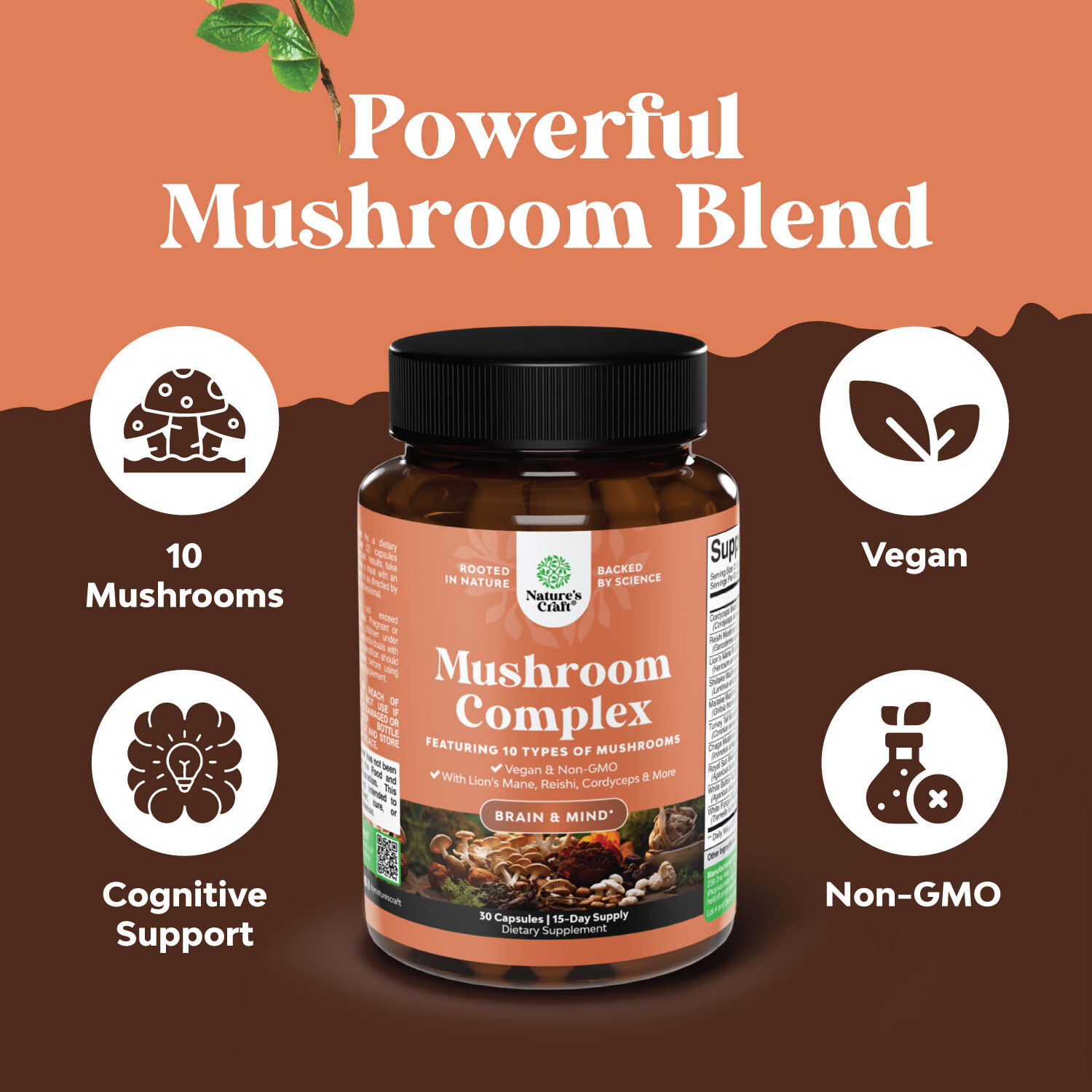 Advanced Mushroom Complex Capsules – 10X Lions Mane Supplement Capsules 30ct