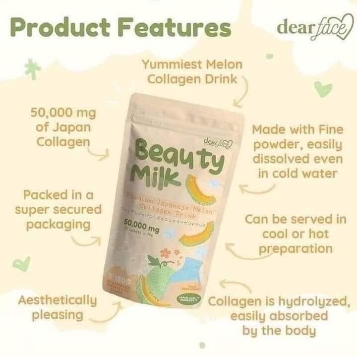 Dear Face Beauty Milk Japanese Collagen Melon Drink, 10 Sachets X 18g