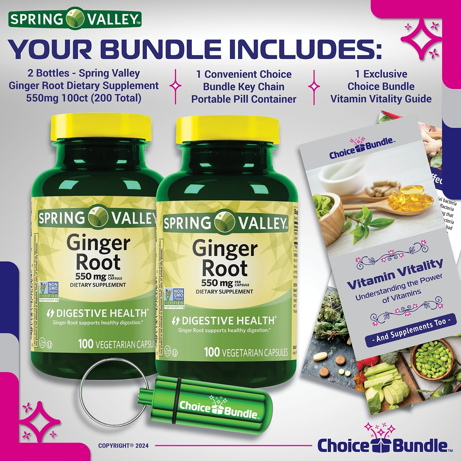 Spring Valley Ginger Root 550mg 200 Caps (2 Pk 100ct) + Vitality Vitamin & Case