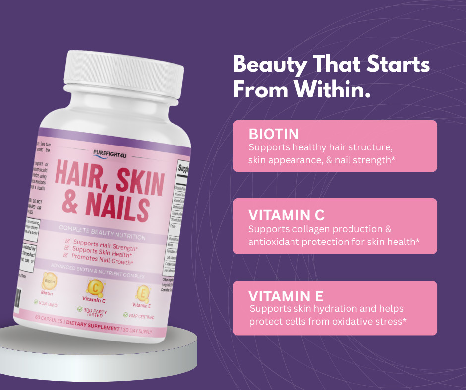 Purefight4u Hair, Skin & Nails Supports Healthy Hair Growth wBiotin – 5 Bottles