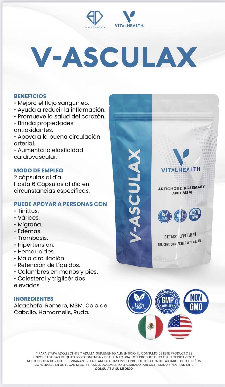 Vital Health V-ASCULAX 60 Capsules w/ Artichoke, Rosemary, MSM EXP 2/2027