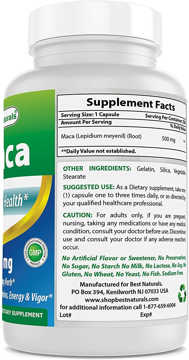 Best Naturals Maca Root 500 mg for men 250 Capsules