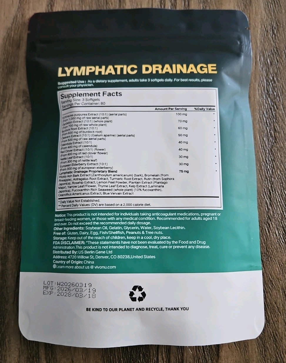 Vivonu Lymphatic Drainage 21-in-1 Botanical Echinacea Burdock 240 Softgels – New