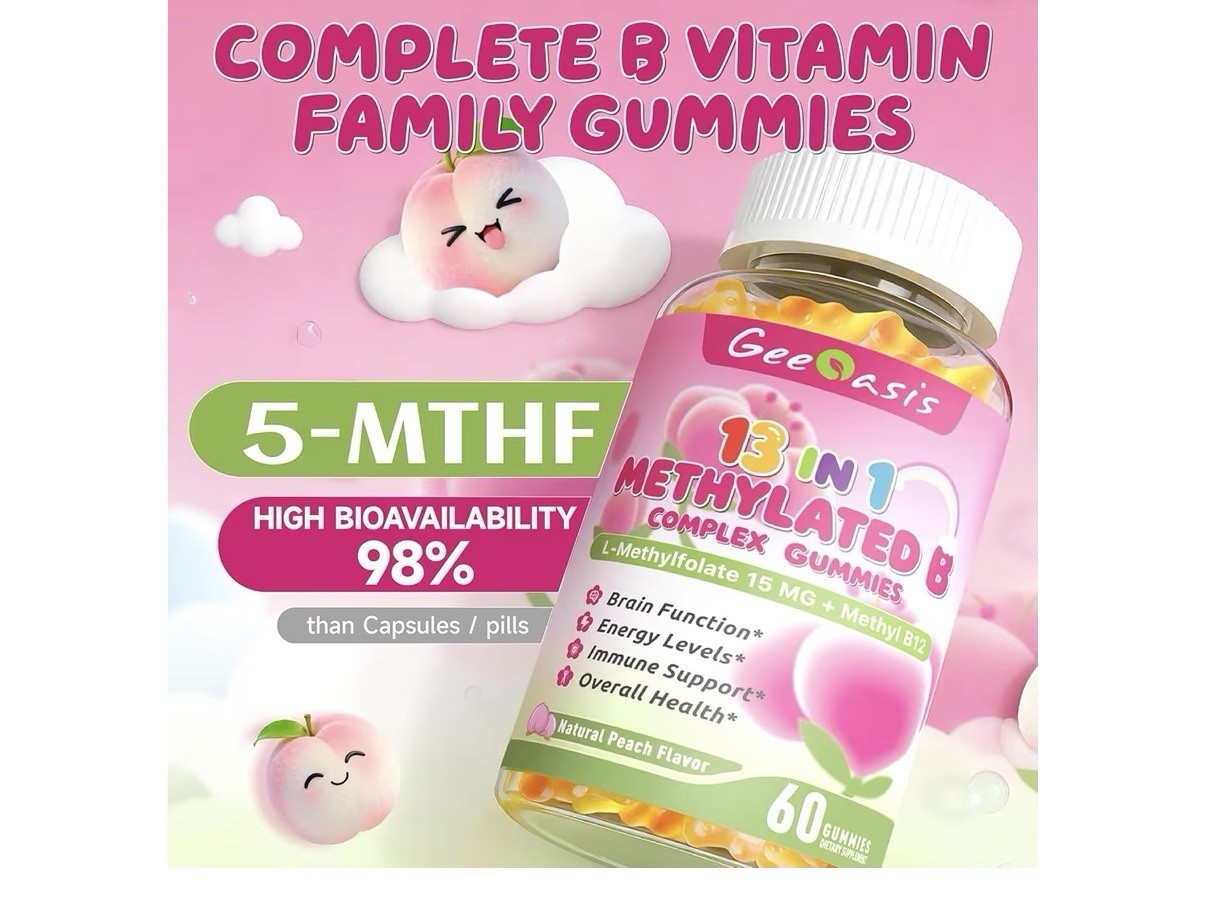 Geeoasis 13 in 1 Methylated B Complex Gummies Methylfolate B12 60 Ct Peach Vegan
