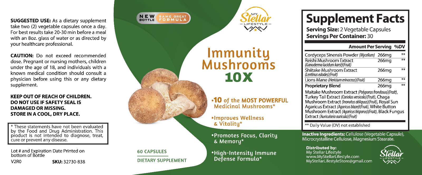 5 Pack Immunity Mushrooms 10X, promotes focus, clarity & memory-60 Capsules x5