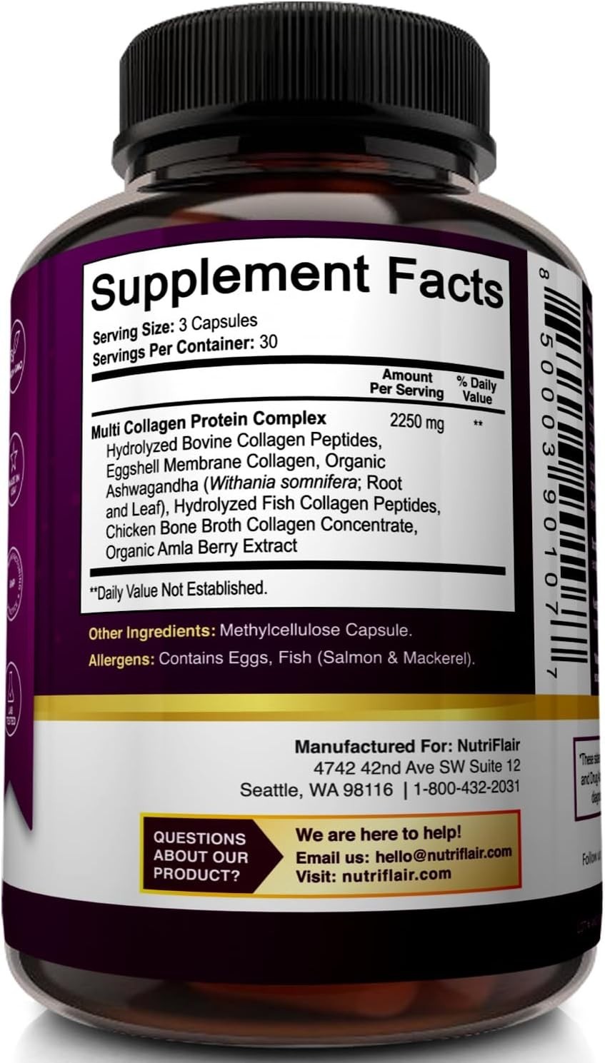 Collagen Supplement, 2250mg, 90 Capsules, Type I II III V X, Unflavored