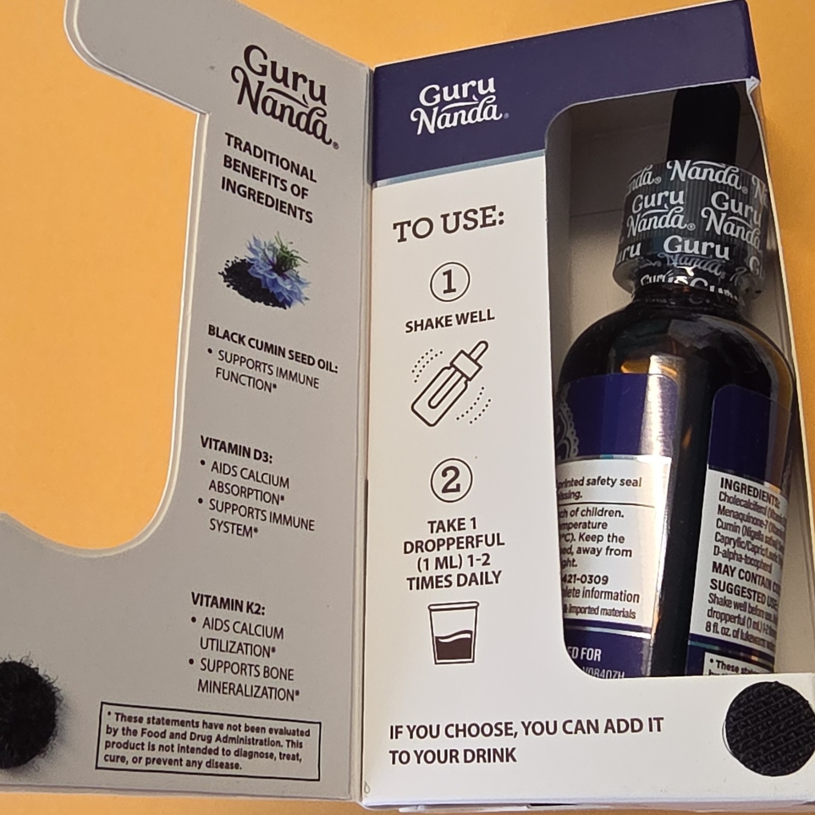 Guru Nanda Vitamin D3 + K2 Liquid Drops, Black Seed Oil 2 fl oz Exp 2027