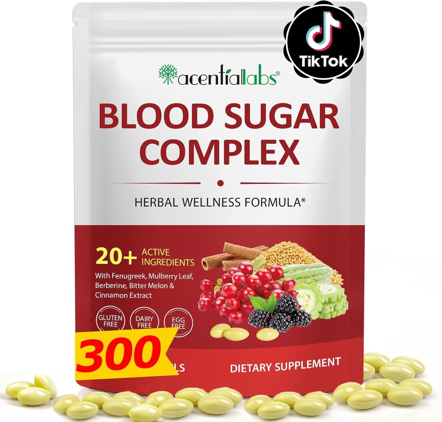 Acential Labs Blood Sugar Complex Supplement 300 Softgels 20+ Active Ingredients