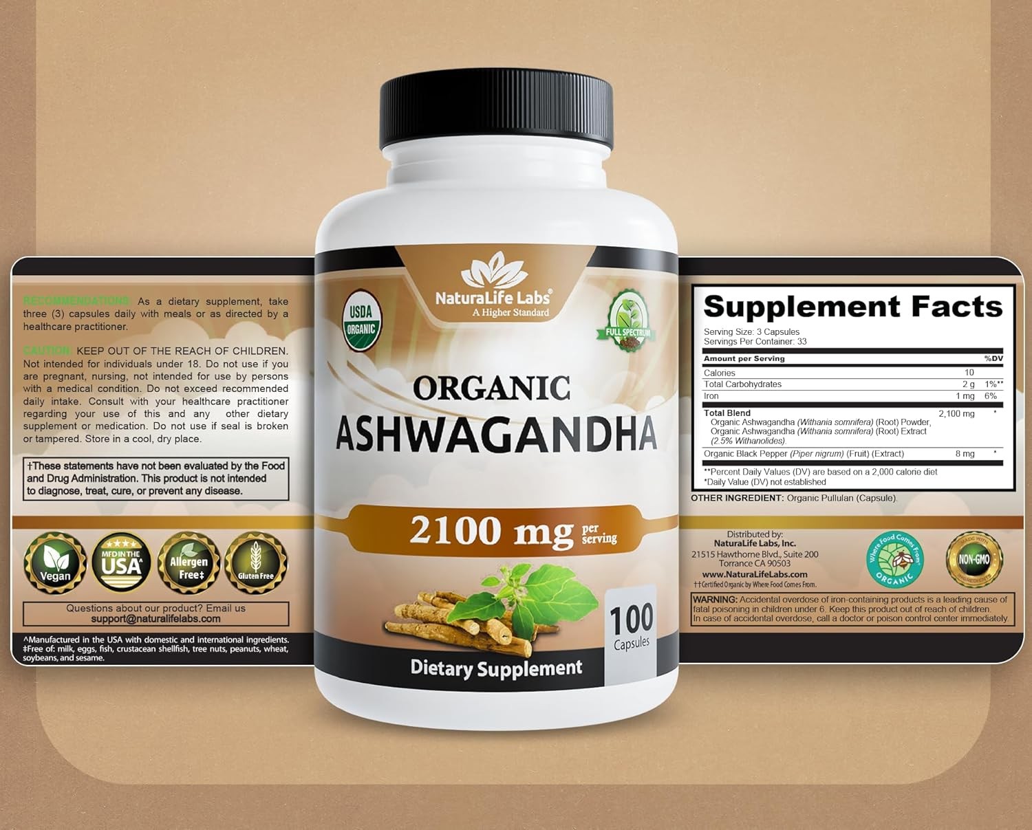 NaturaLife Labs Organic Ashwagandha 2100 mg per Serving – Full Spectrum Root Pow