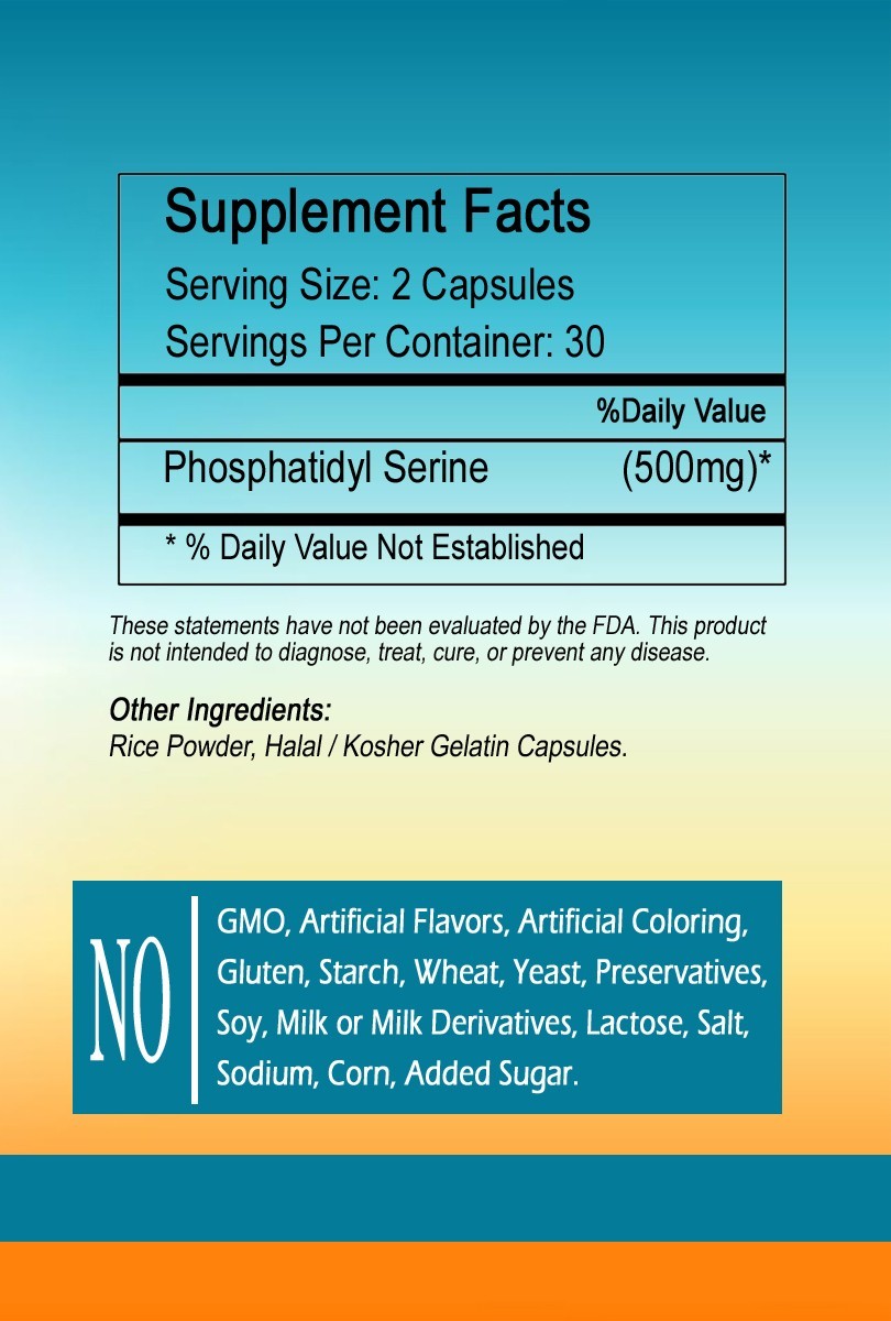 PhosphatidylSerine 500mg-Focus & Memory 60 Capsules, GMO Free PS500 Caps.