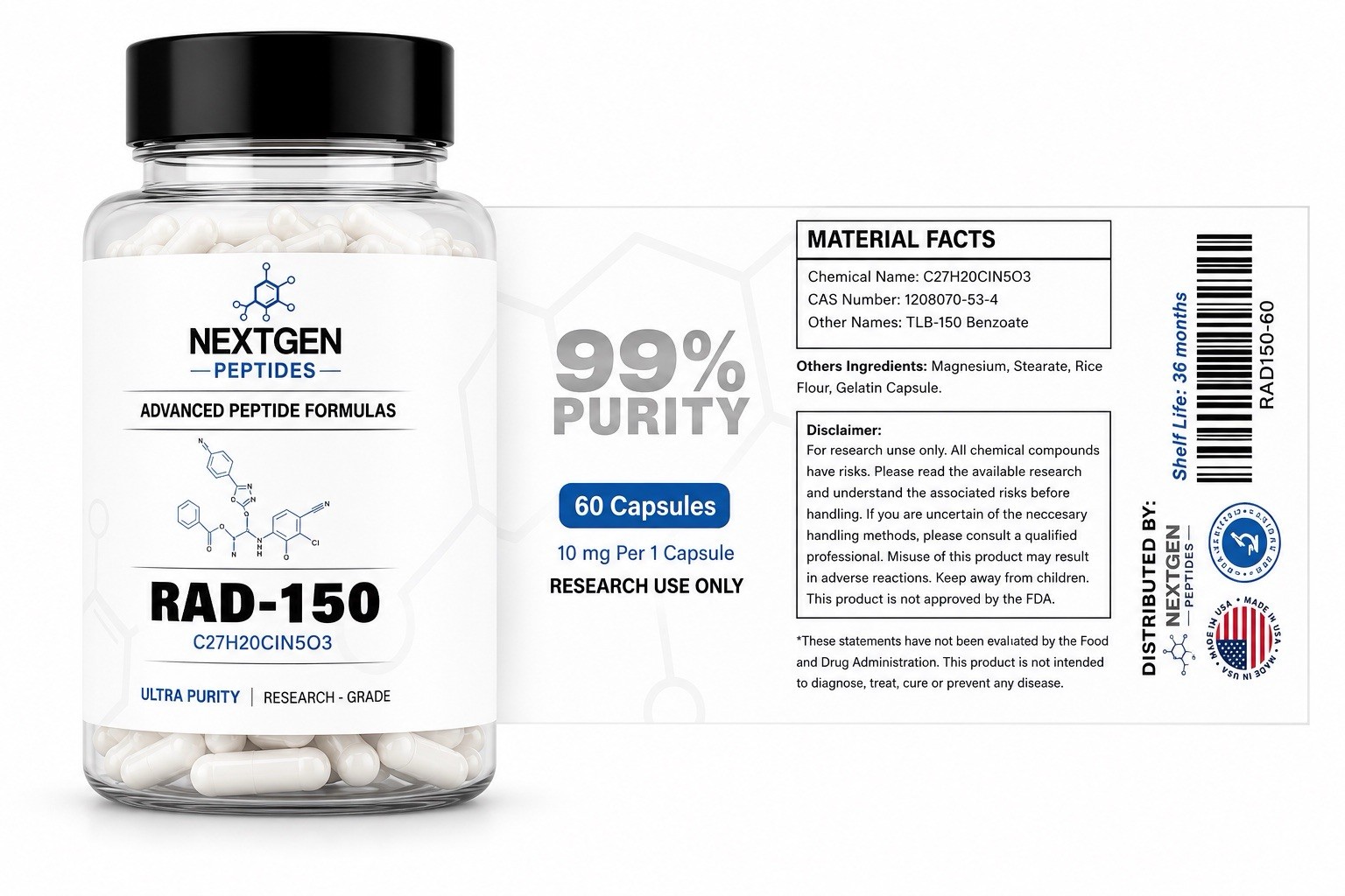 NextGen Peptides R A D 150 10 mg Capsules, 60 Count – 99% Purity