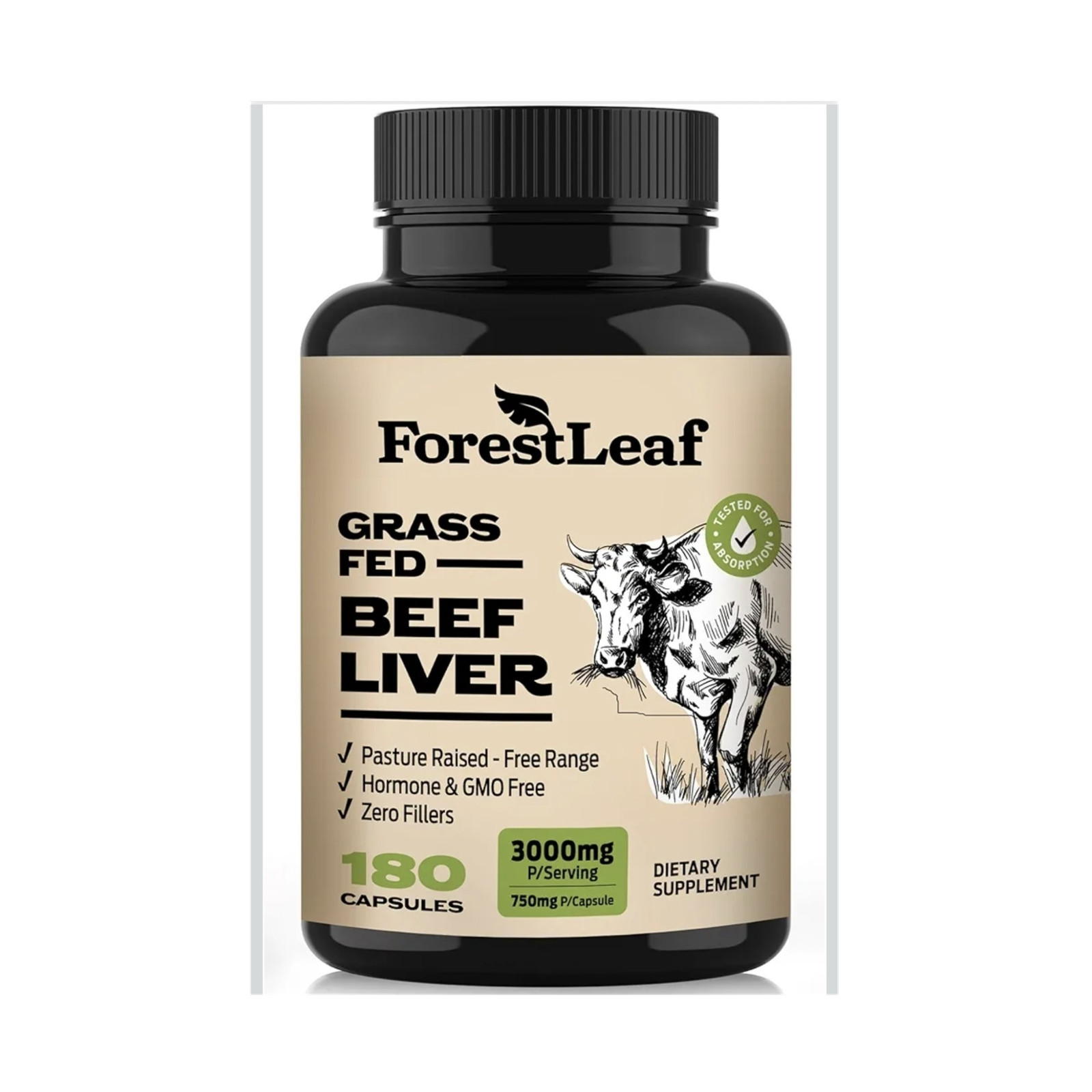 ForestLeaf Grass-Fed Beef Liver 750mg 180 Capsules Hormone Free GMO Free