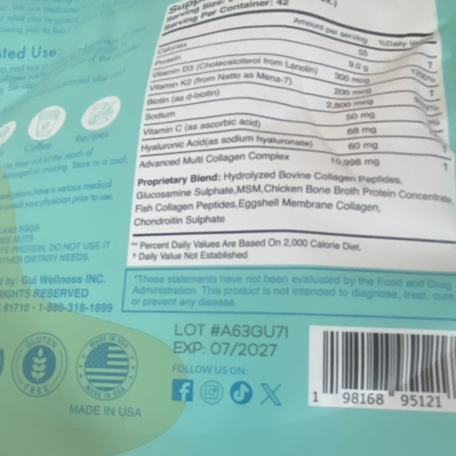GUI Multi Collagen Peptides Powder Unflavored Vitamin D3 K2 Biotin 1lb