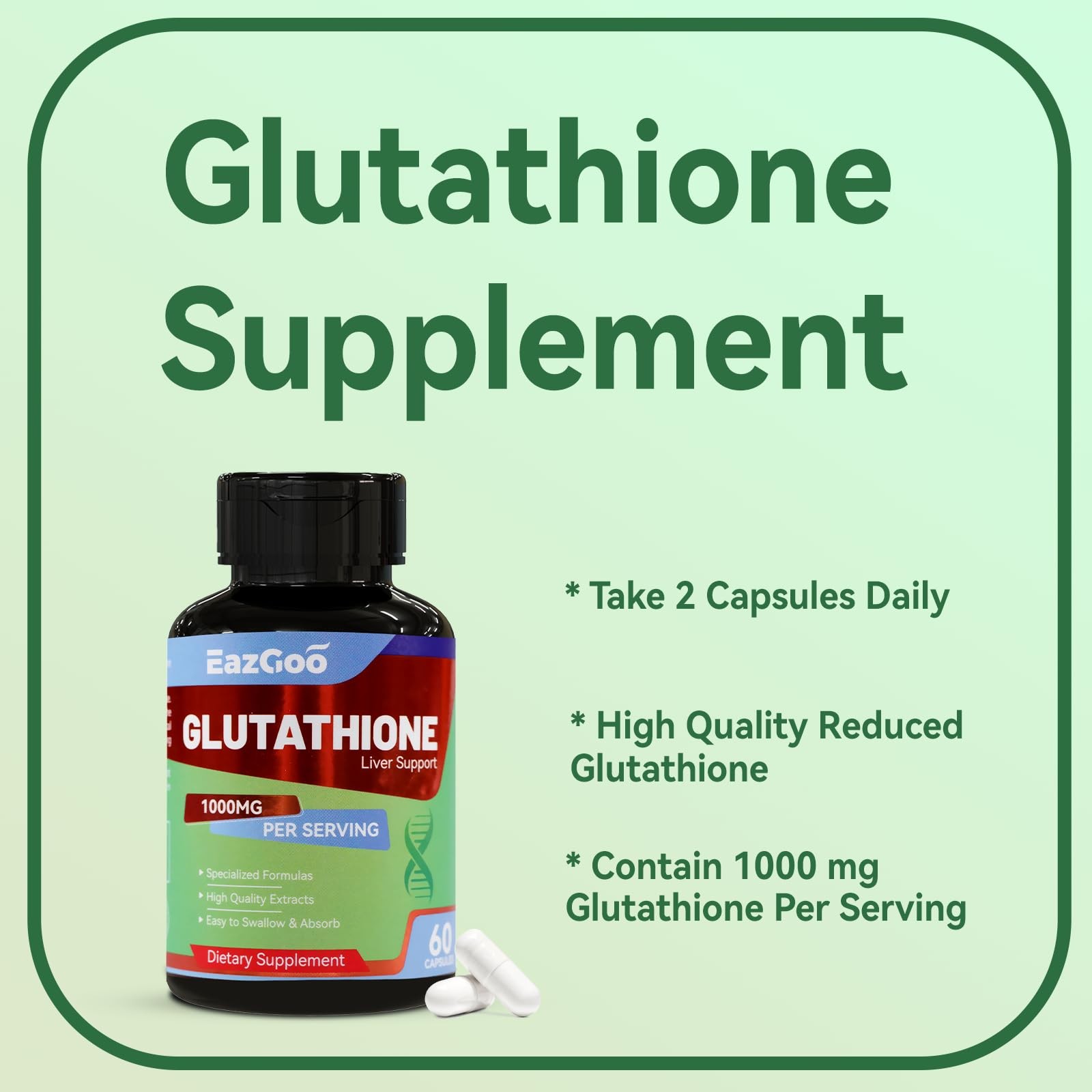 Glutathione Supplement 1000mg Antioxidant 60 Count (Pack of 1), Green