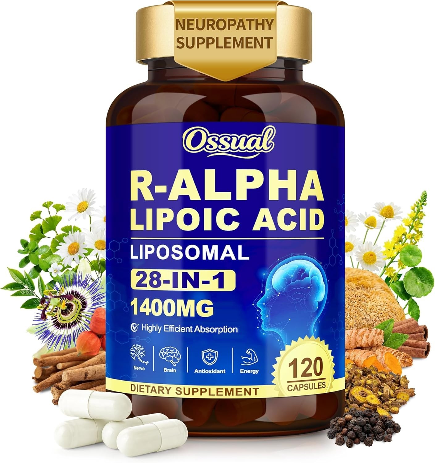 28in1 R Alpha Lipoic Acid 1400mg Neuropathy Supplements for Energy, 120 Capsules