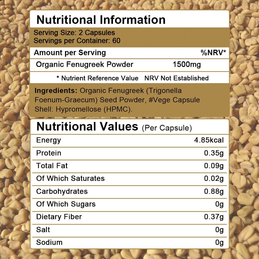 Fenugreek 1500mg Supplement General Wellness 120 Capsules Gluten Free Non GMO
