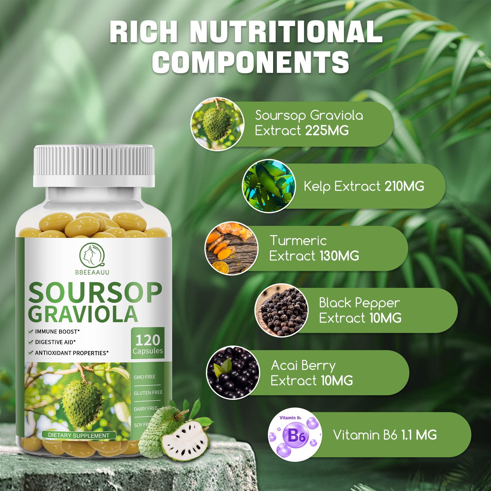 Soursop Graviola Capsules 1000mg | 120 Caps | Immune Support & Cell Regeneration