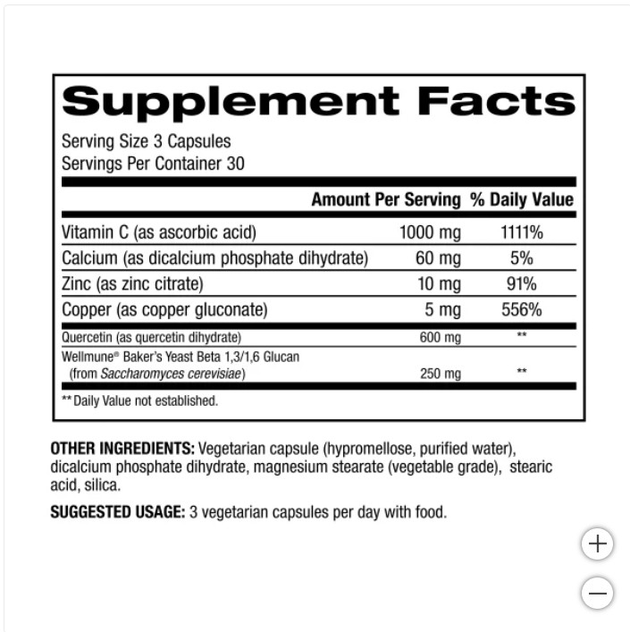 Immune Support Supplement w/ Vitamin C, Quercetin & Beta-Glucan Formula – 90 Ct.