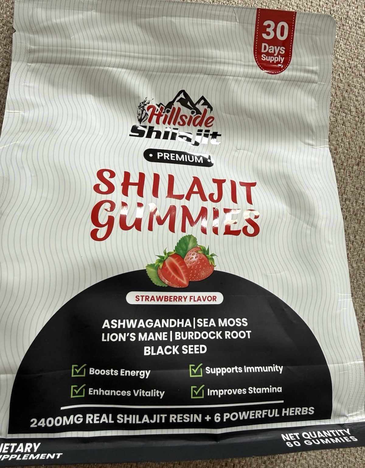 Hillside Shilajit Gummies Strawberry 2400mg Ashwagandha 60ct Exp 09/2027
