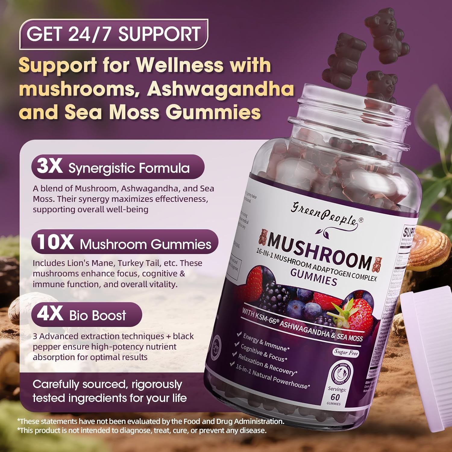 Mushroom Extract Complex Gummies Lions Mane Chaga 2-pack Focus Memory Immunity