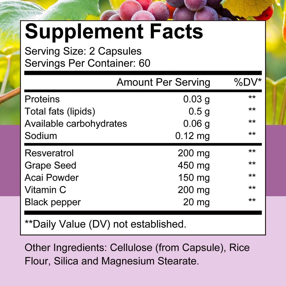 Resveratrol 200mg With Grape Seed 450mg Supports Cellular Health 30-120 Count