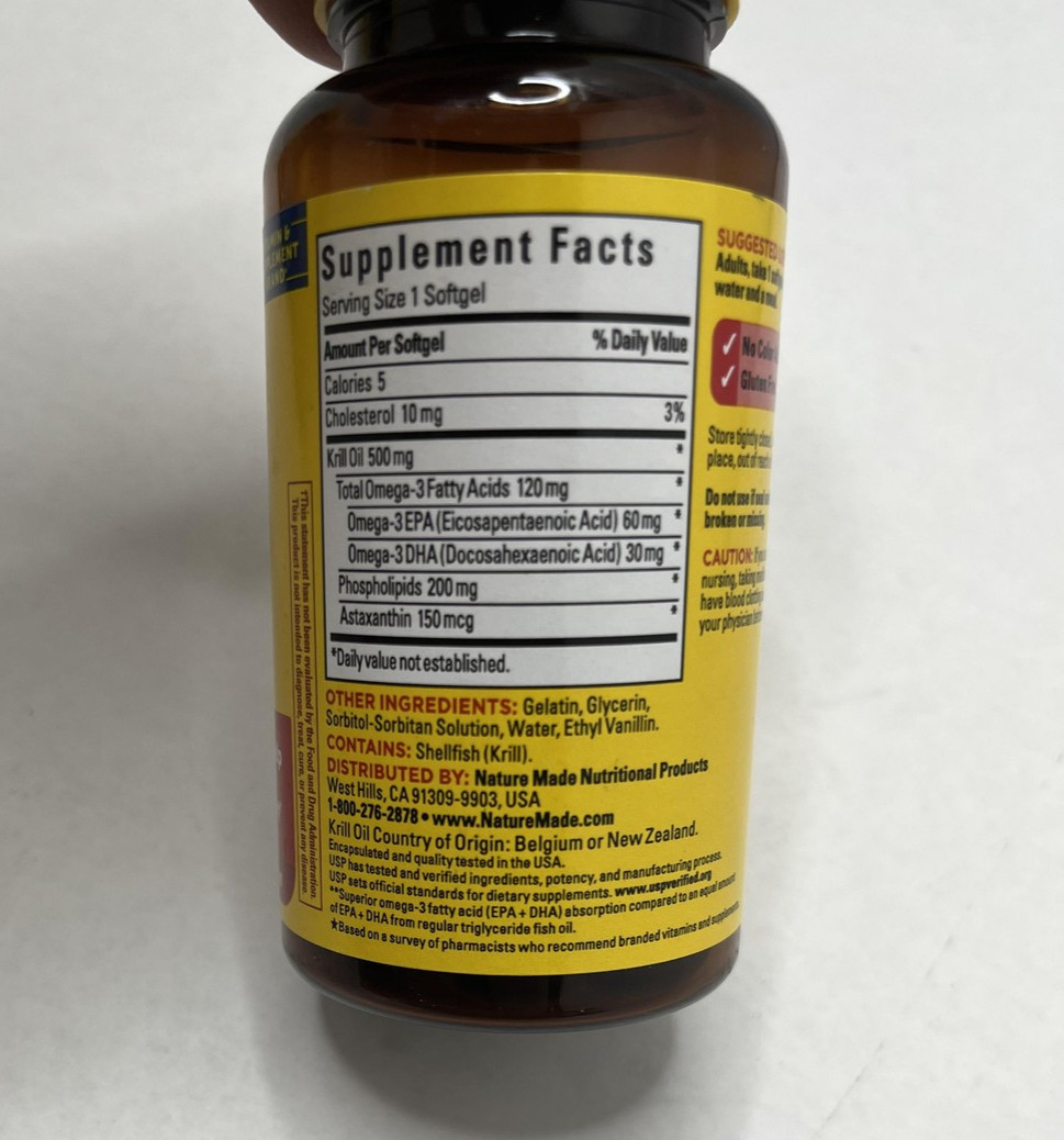 Nature Made LOT/3 Krill Oil 500mg 30 Softgels Exp 1/27 Omega-3 Heart Health